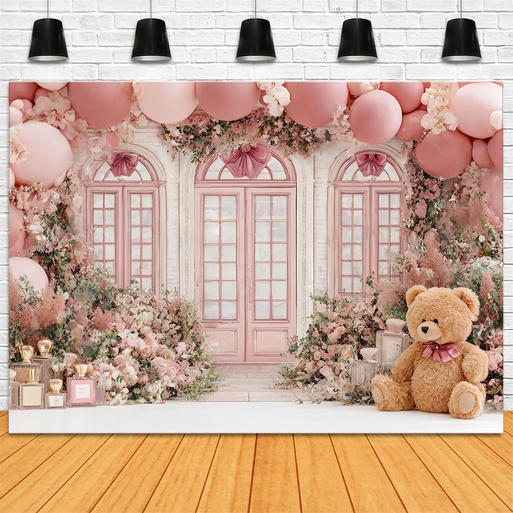 Children Cute Backdrop Pink Teddy Floral Balloon Shop Children Backdrops UK CSH58-241