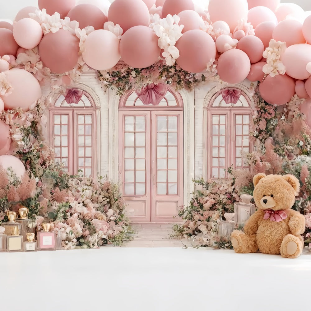 Children Cute Backdrop Pink Teddy Floral Balloon Shop Children Backdrops UK CSH58-241