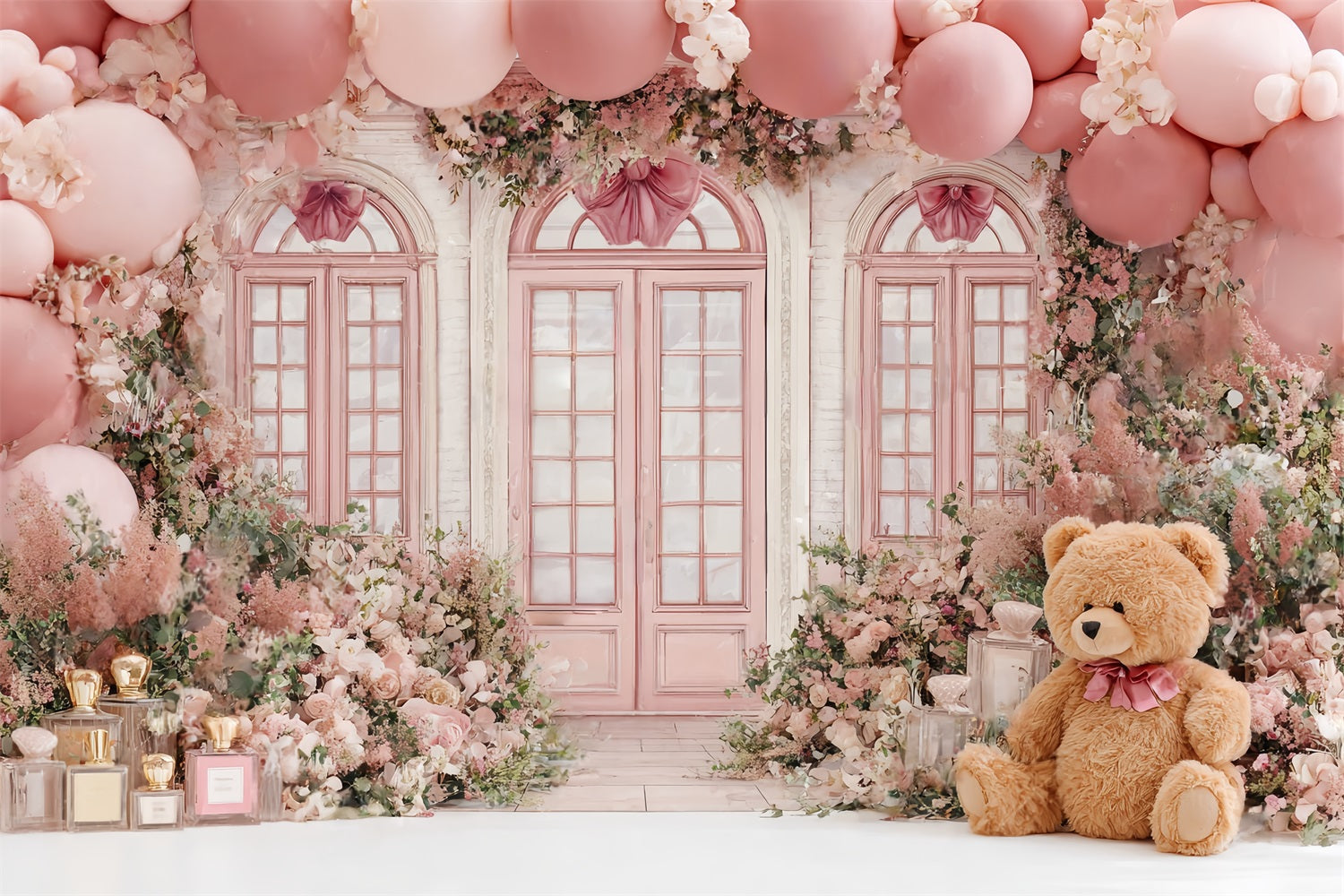 Children Cute Backdrop Pink Teddy Floral Balloon Shop Children Backdrops UK CSH58-241