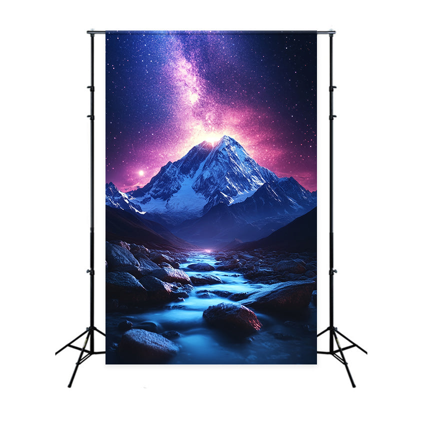 Winter Mountain Backdrop Cosmic Sky Above Snowy Mountain Stream Winter wonderland Photo Backdrop UK CSH58-27
