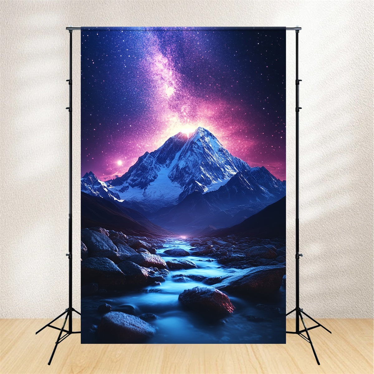 Winter Mountain Backdrop Cosmic Sky Above Snowy Mountain Stream Winter wonderland Photo Backdrop UK CSH58-27