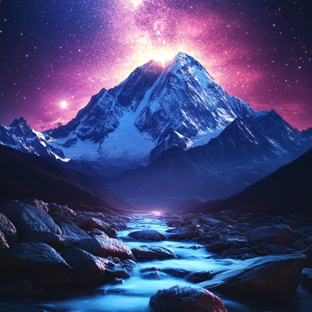Winter Mountain Backdrop Cosmic Sky Above Snowy Mountain Stream Winter wonderland Photo Backdrop UK CSH58-27