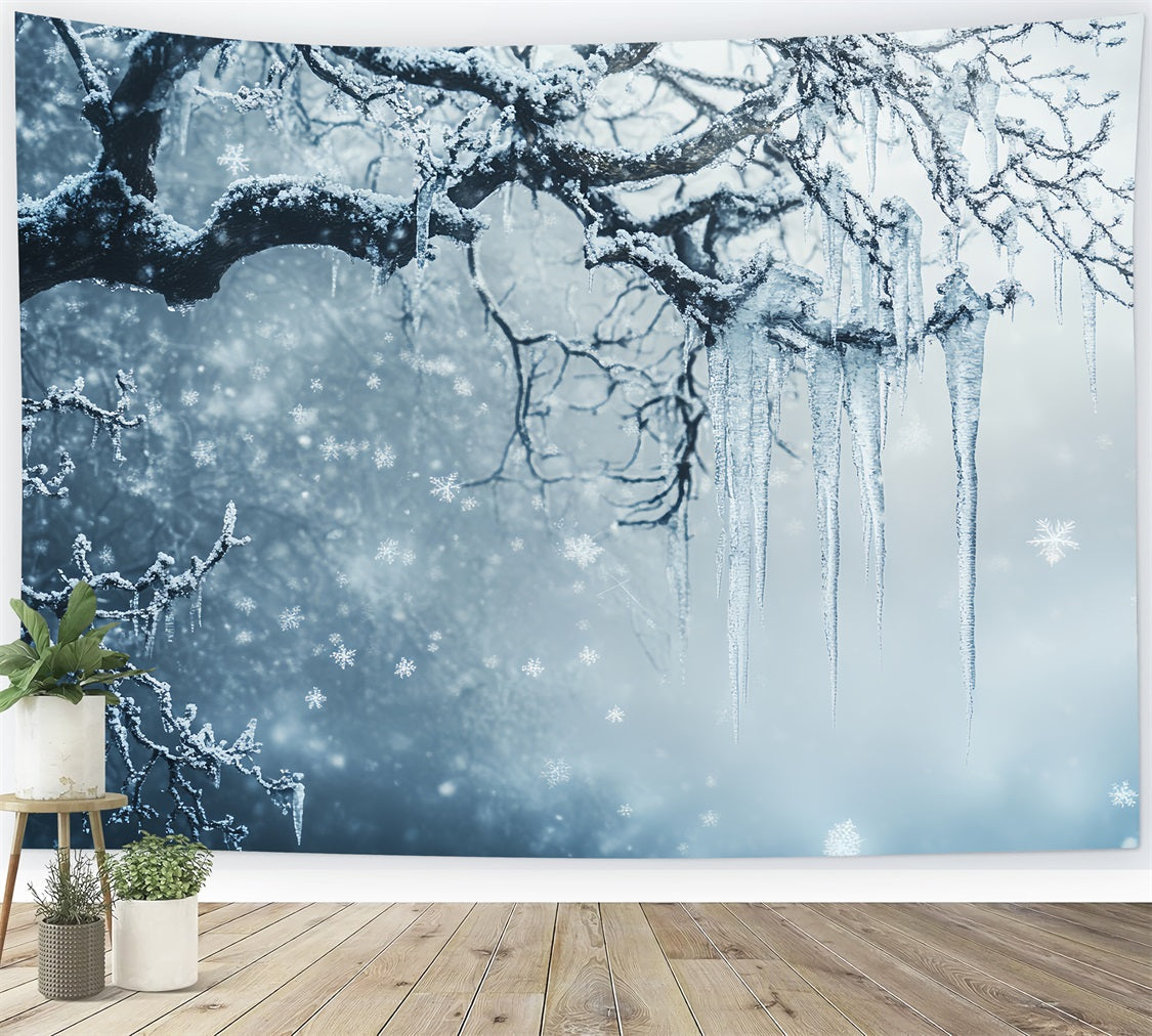 Frozen Backdrop Snowy Tree Branches and Falling Snowflakes Winter Backdrop for Photography UK CSH58-33