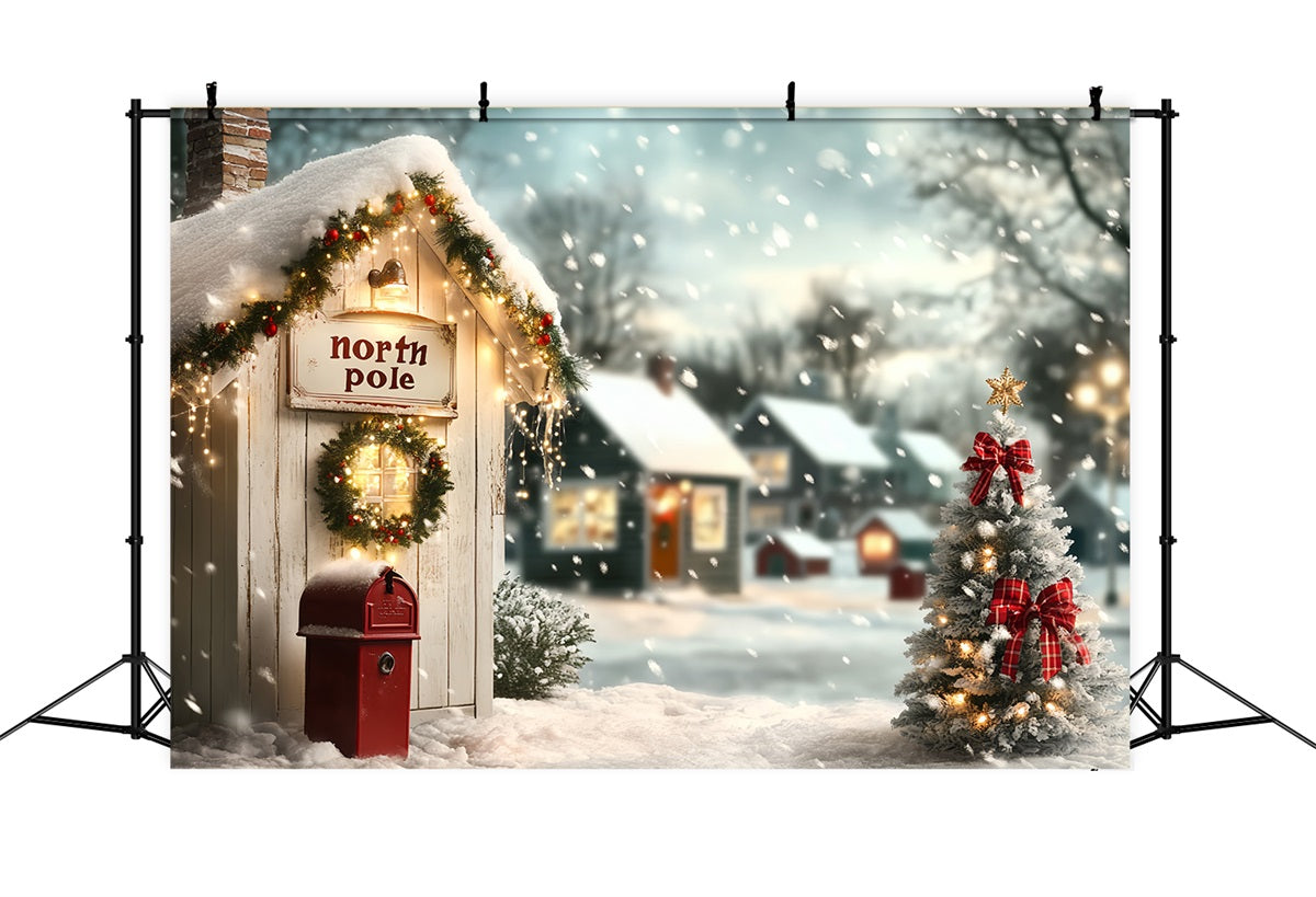 North Pole Backdrop Cozy North Pole Cottage and Christmas Tree Winter village Backdrop UK CSH58-35