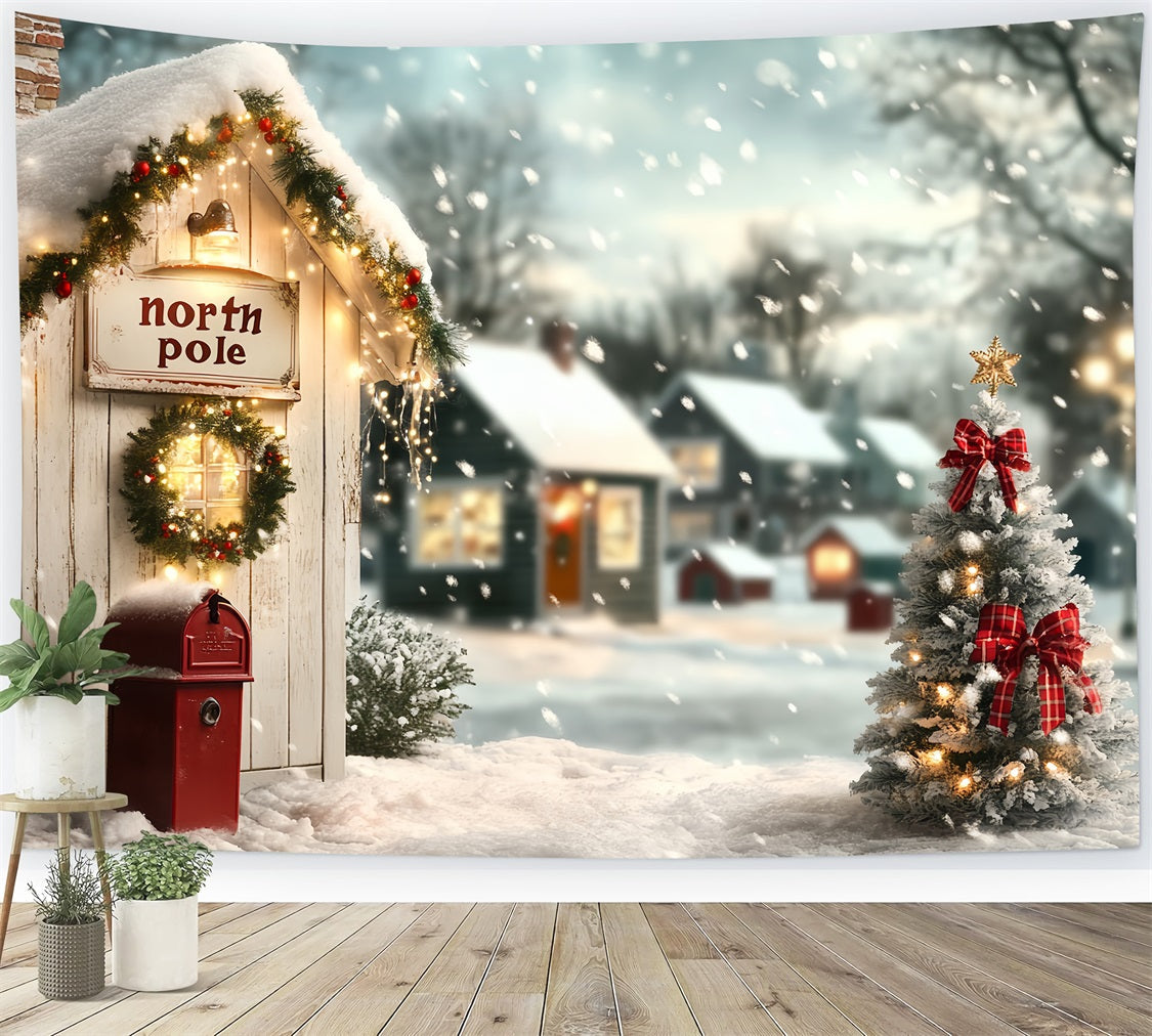 North Pole Backdrop Cozy North Pole Cottage and Christmas Tree Winter village Backdrop UK CSH58-35