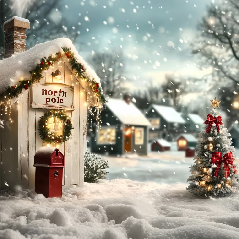 North Pole Backdrop Cozy North Pole Cottage and Christmas Tree Winter village Backdrop UK CSH58-35