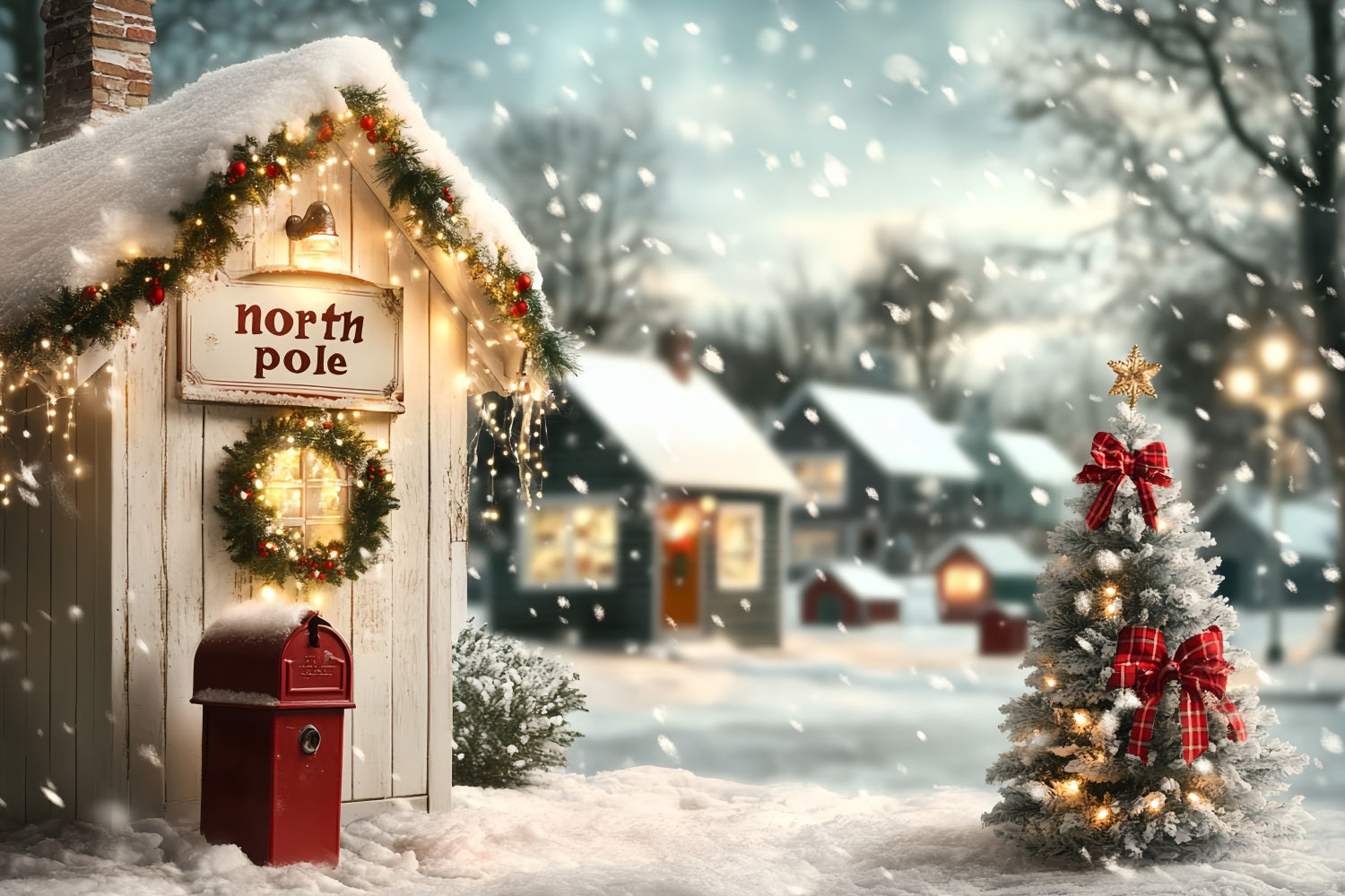 North Pole Backdrop Cozy North Pole Cottage and Christmas Tree Winter village Backdrop UK CSH58-35