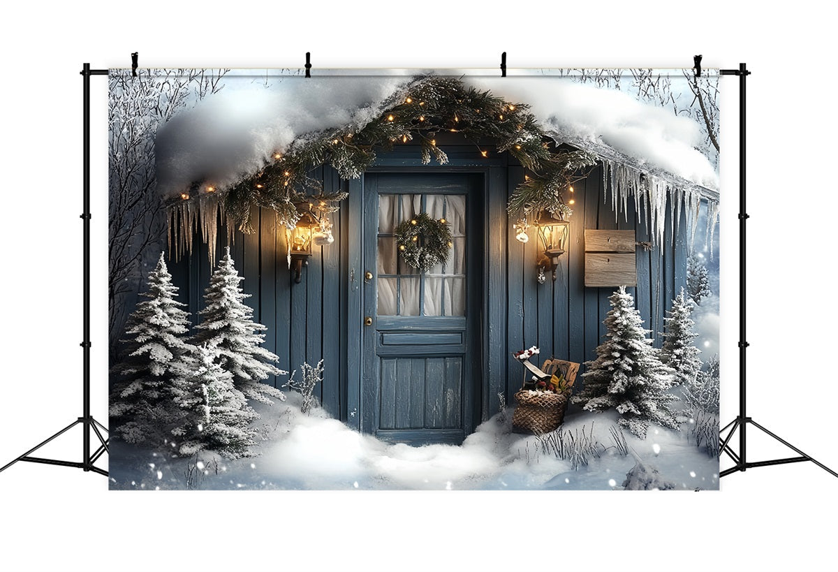 North Pole Backdrop Snowy Cabin Door with Lantern Glow Winter holiday Backdrop UK CSH58-37