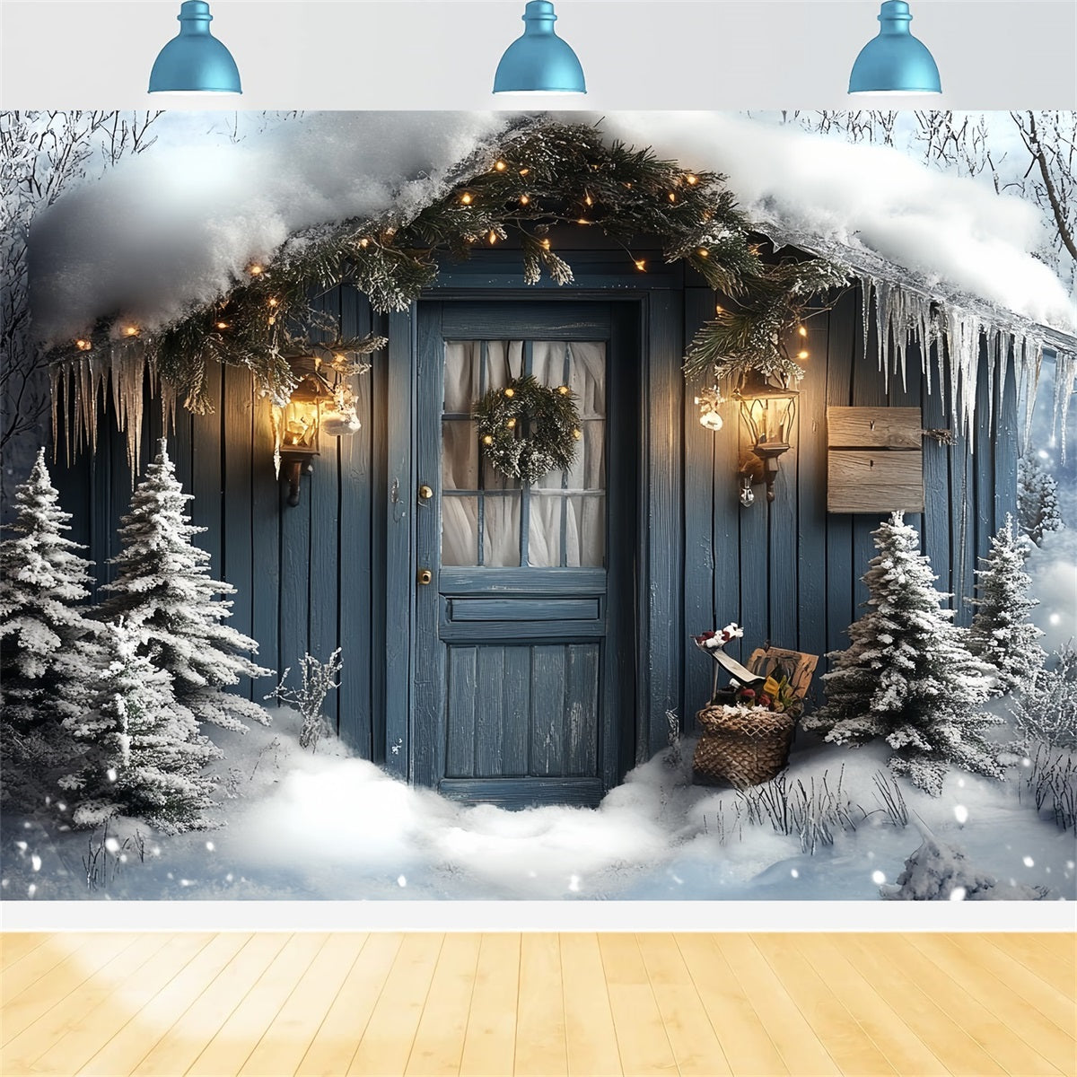 North Pole Backdrop Snowy Cabin Door with Lantern Glow Winter holiday Backdrop UK CSH58-37