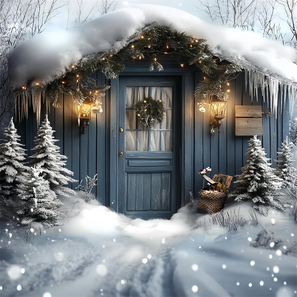 North Pole Backdrop Snowy Cabin Door with Lantern Glow Winter holiday Backdrop UK CSH58-37