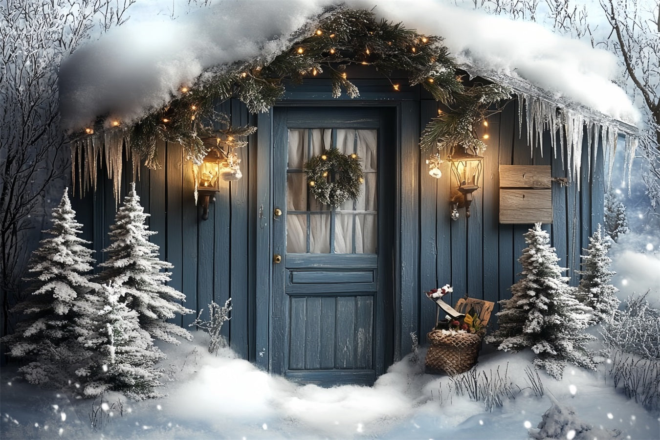 North Pole Backdrop Snowy Cabin Door with Lantern Glow Winter holiday Backdrop UK CSH58-37
