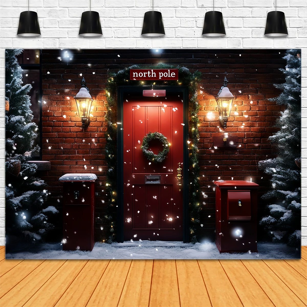 North Pole Backdrop Red Brick Doorway Wreath and Mailboxes Winter holiday Backdrop UK CSH58-38