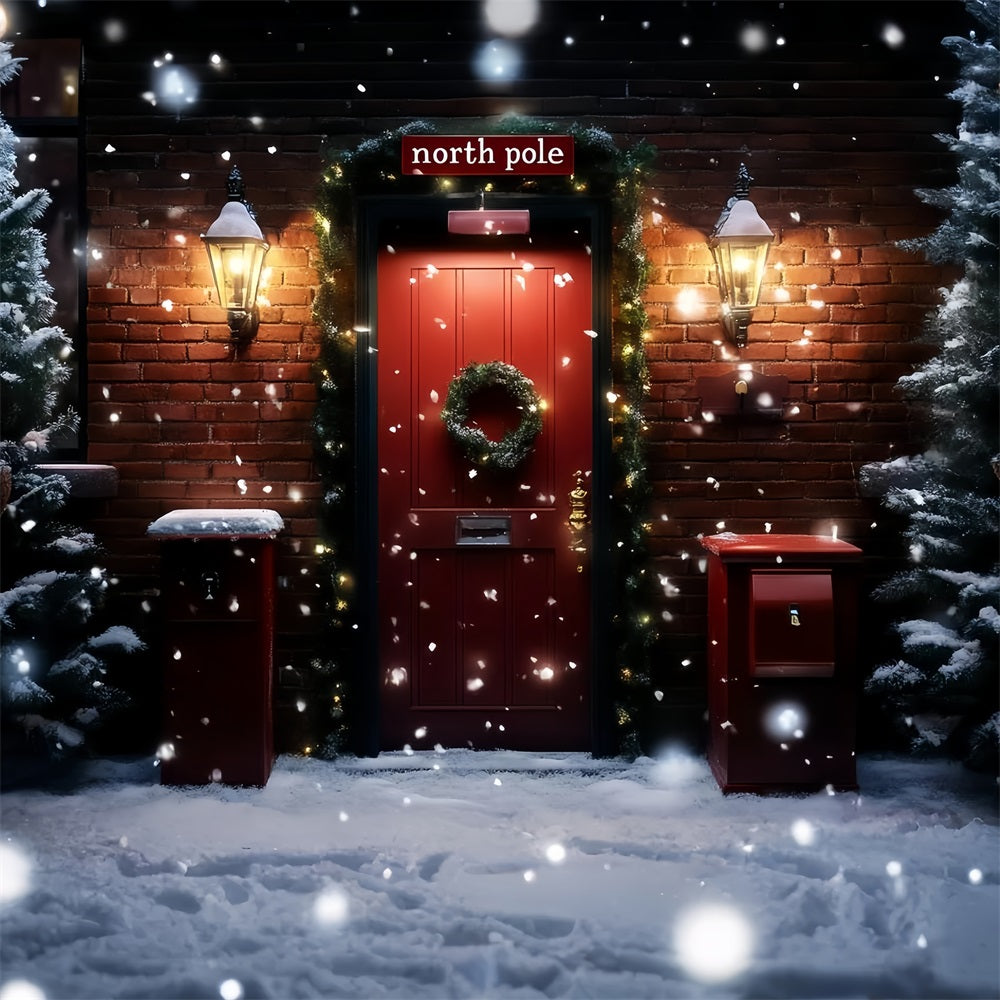 North Pole Backdrop Red Brick Doorway Wreath and Mailboxes Winter holiday Backdrop UK CSH58-38