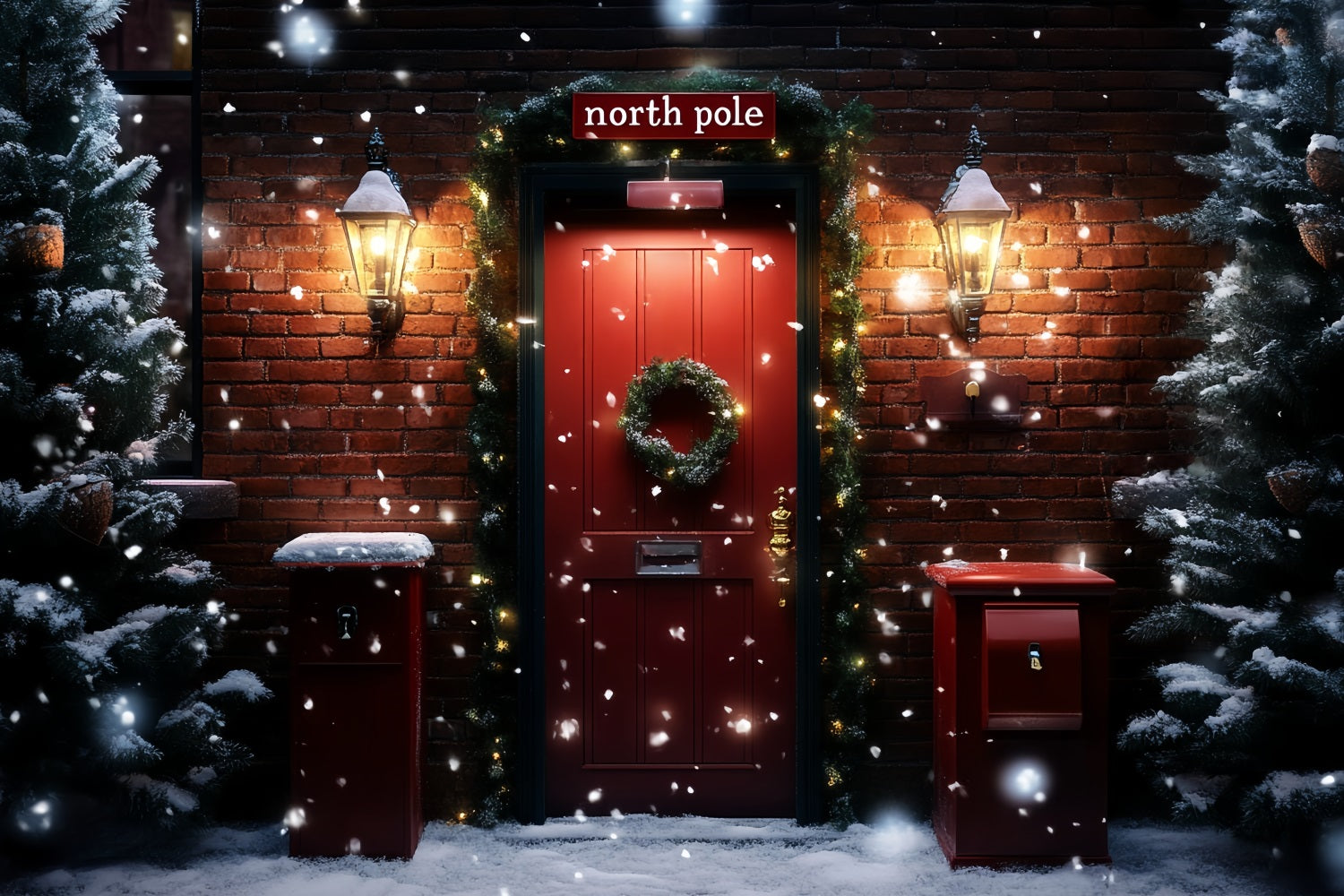 North Pole Backdrop Red Brick Doorway Wreath and Mailboxes Winter holiday Backdrop UK CSH58-38