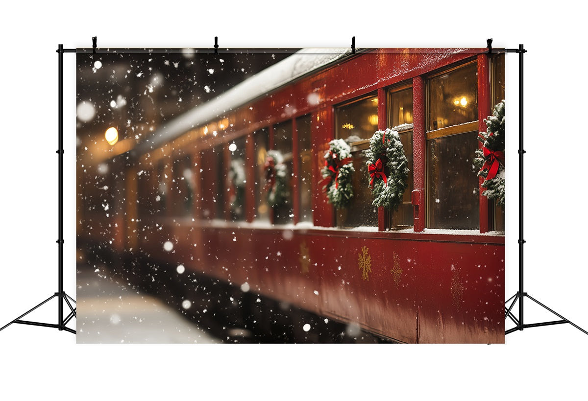 North Pole Backdrop Christmas Wreath Train Carriage Snowfall Winter holiday Backdrop UK CSH58-39