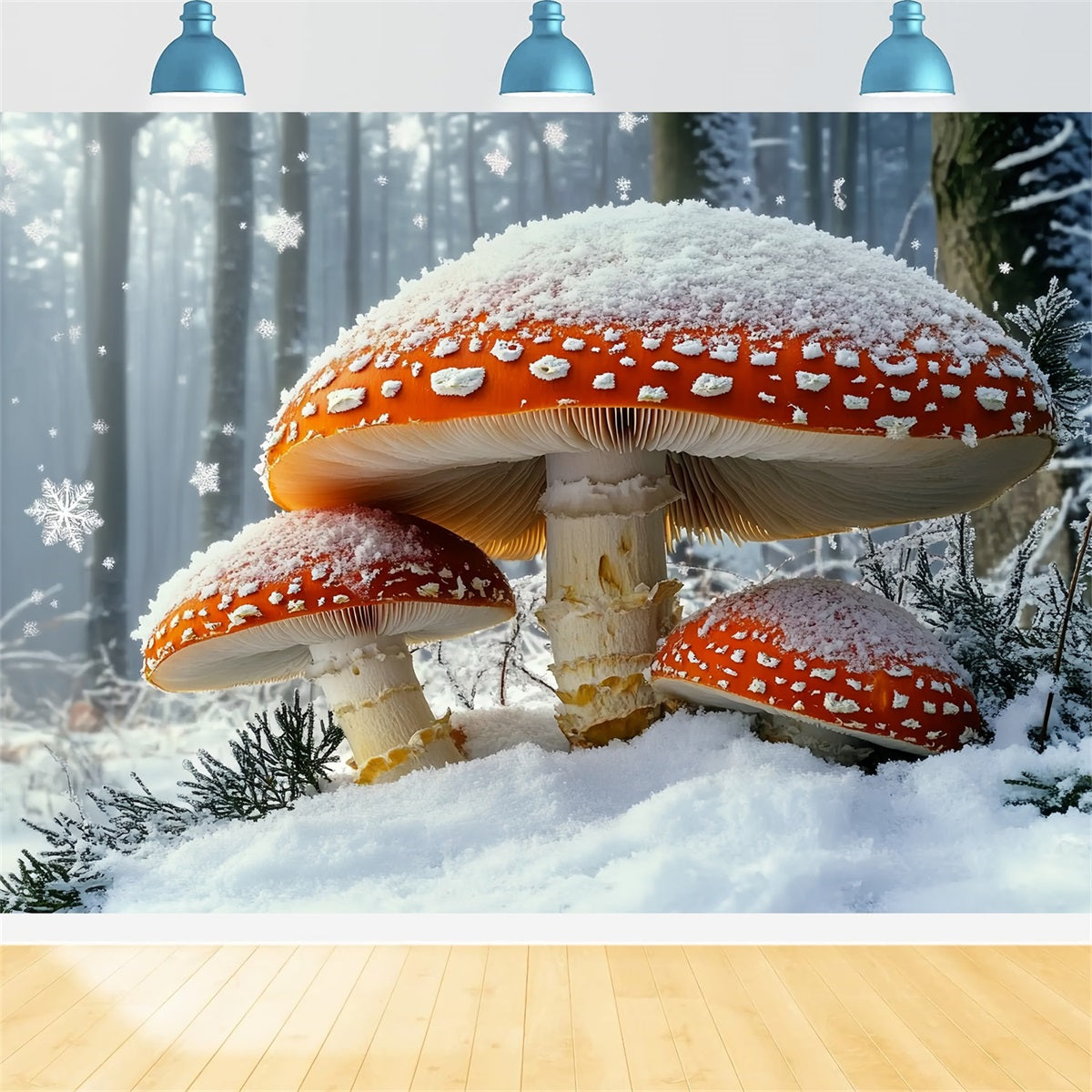 Nature Backdrop Winter Fairytale Snowfall Giant Red Mushroom Winter Photo Backdrops UK CSH58-43
