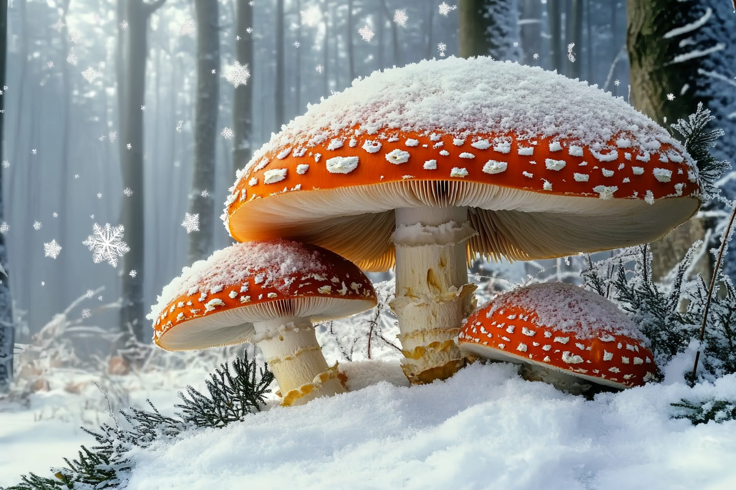 Nature Backdrop Winter Fairytale Snowfall Giant Red Mushroom Winter Photo Backdrops UK CSH58-43