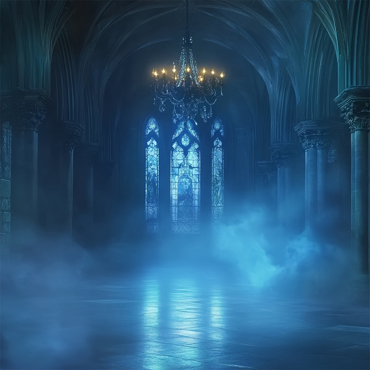 Gothic Backdrop Blue Mist Cathedral Glow Halloween Photo Backdrop UK CSH58-47