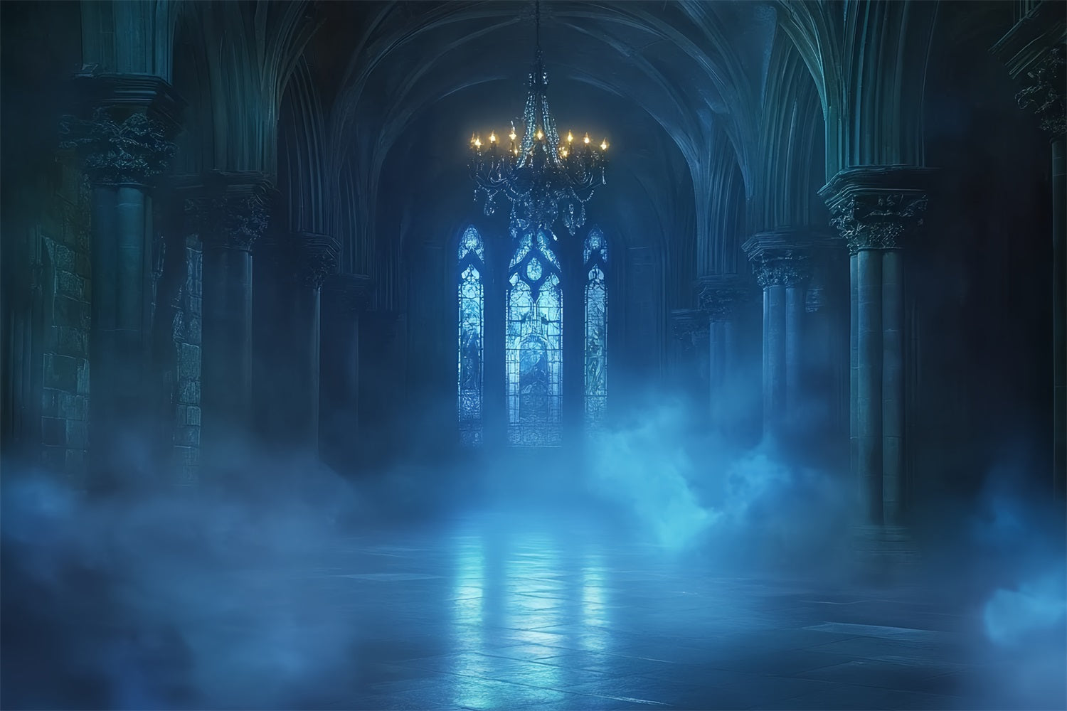 Gothic Backdrop Blue Mist Cathedral Glow Halloween Photo Backdrop UK CSH58-47