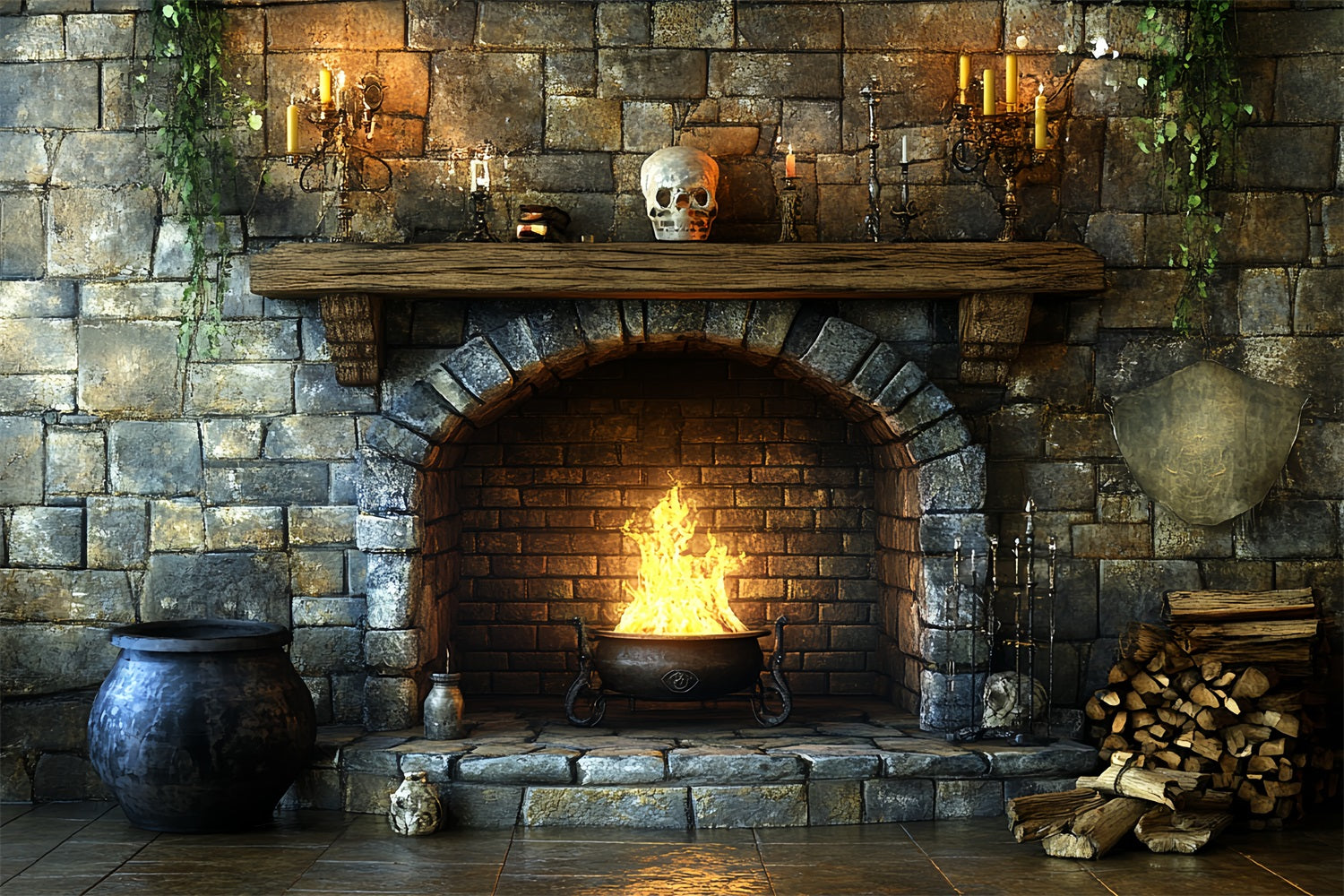 Fireplace Backdrop Witch Cauldron Fireplace Flames Halloween Backdrop UK CSH58-60