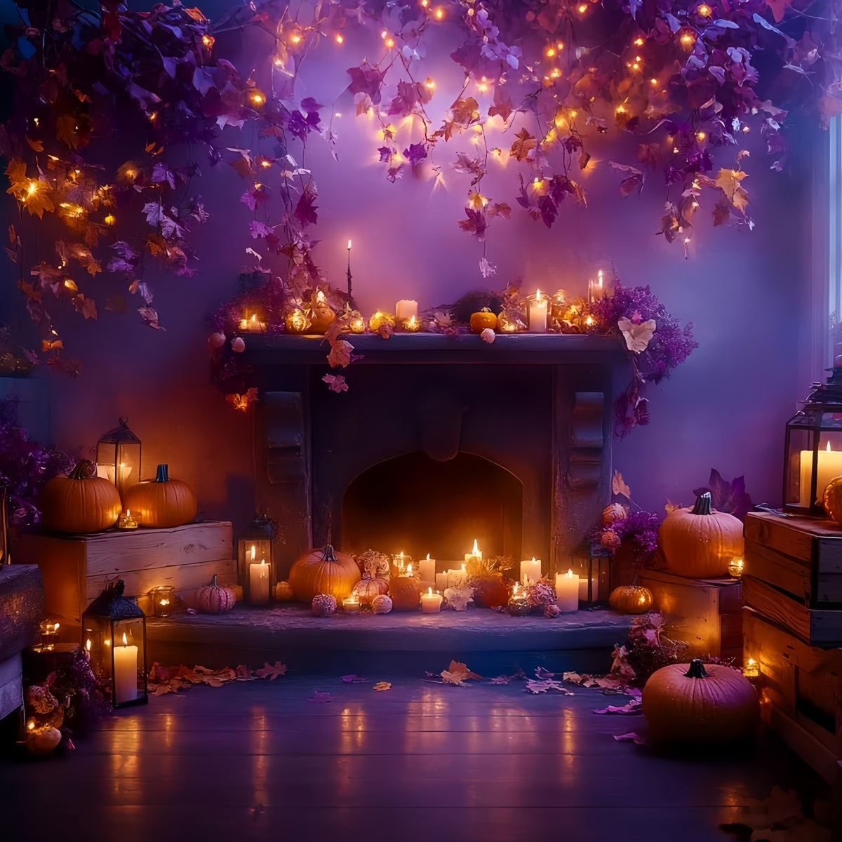 Fireplace Backdrop Autumn Leaves Candle Glow Halloween Picture Backdrop UK CSH58-64