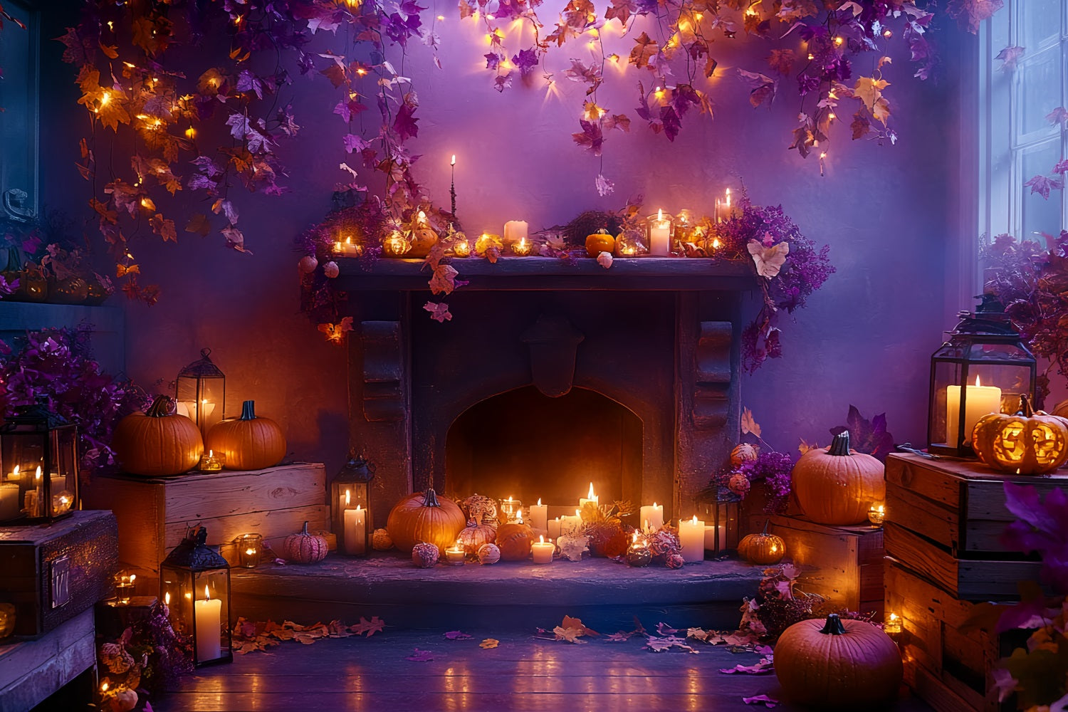 Fireplace Backdrop Autumn Leaves Candle Glow Halloween Picture Backdrop UK CSH58-64