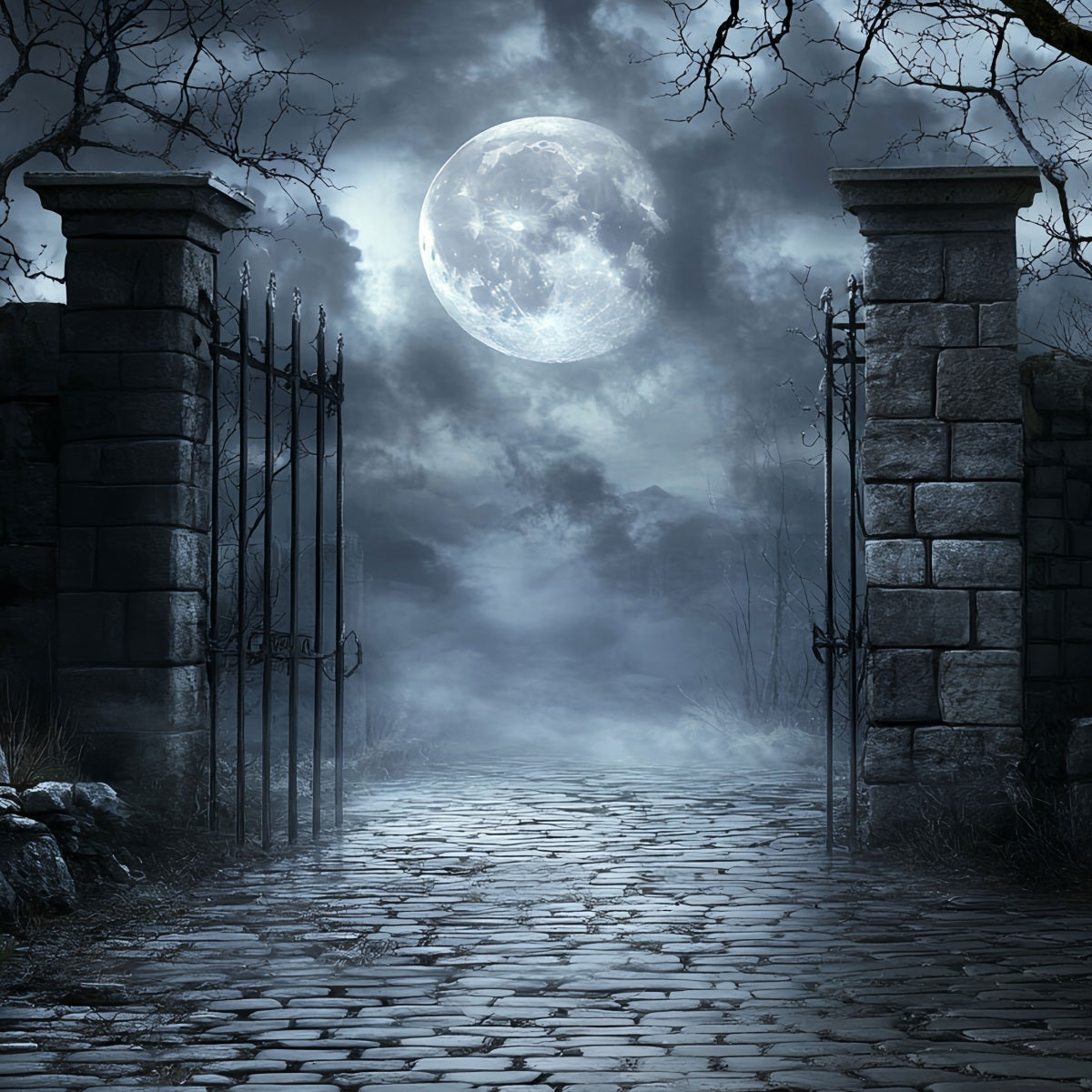 Moon Backdrop Moonlit Cemetery Iron Gate Halloween Photo Booth Backdrop UK CSH58-71