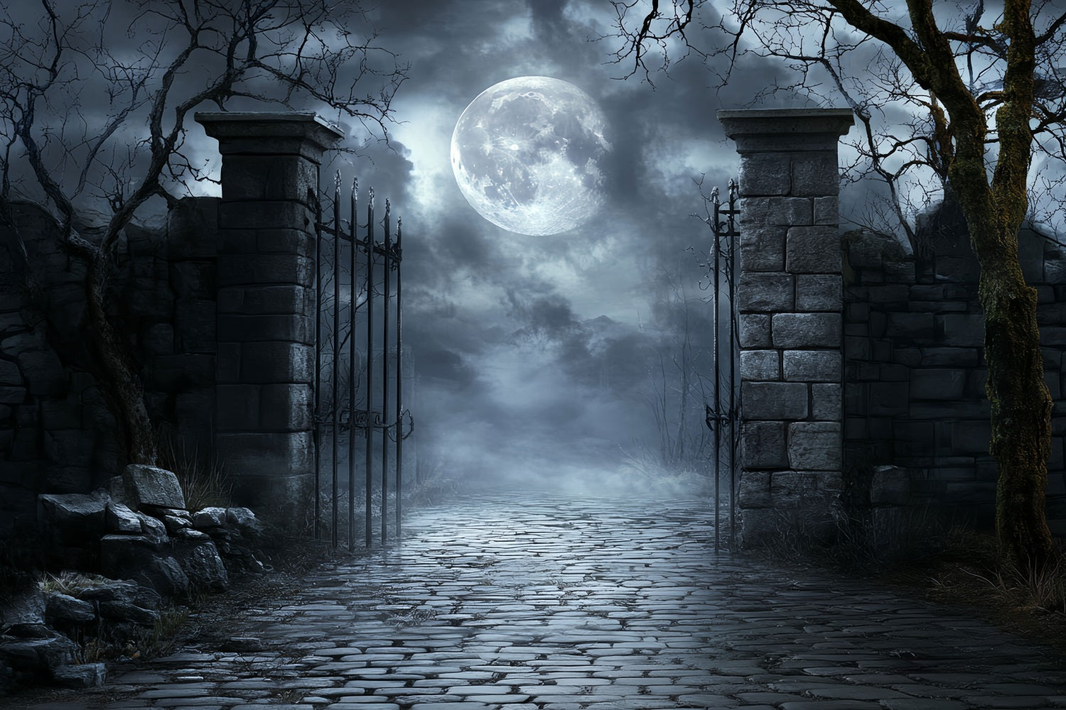 Moon Backdrop Moonlit Cemetery Iron Gate Halloween Photo Booth Backdrop UK CSH58-71
