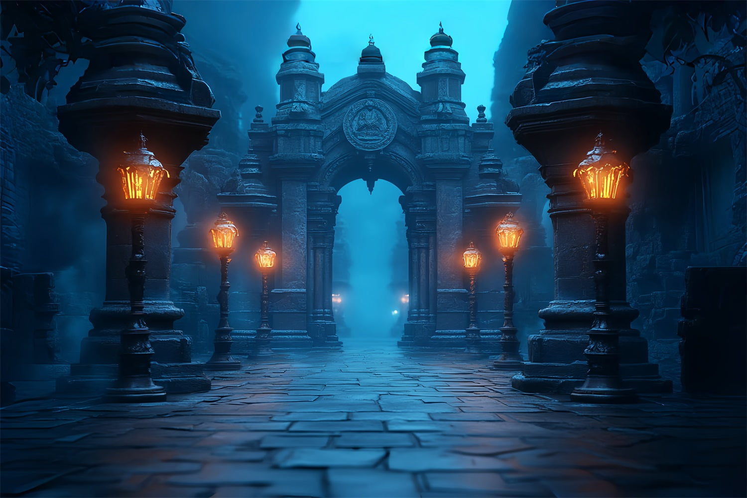 Dark Backdrop Misty Lantern Archway Path Halloween Backdrops UK CSH58-75