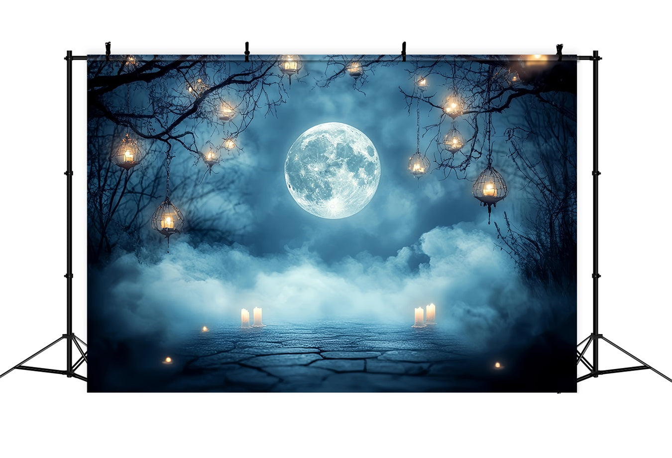 Night Sky Backdrop Full Moon Fog Lantern Candles Halloween Backdrops UK CSH58-87