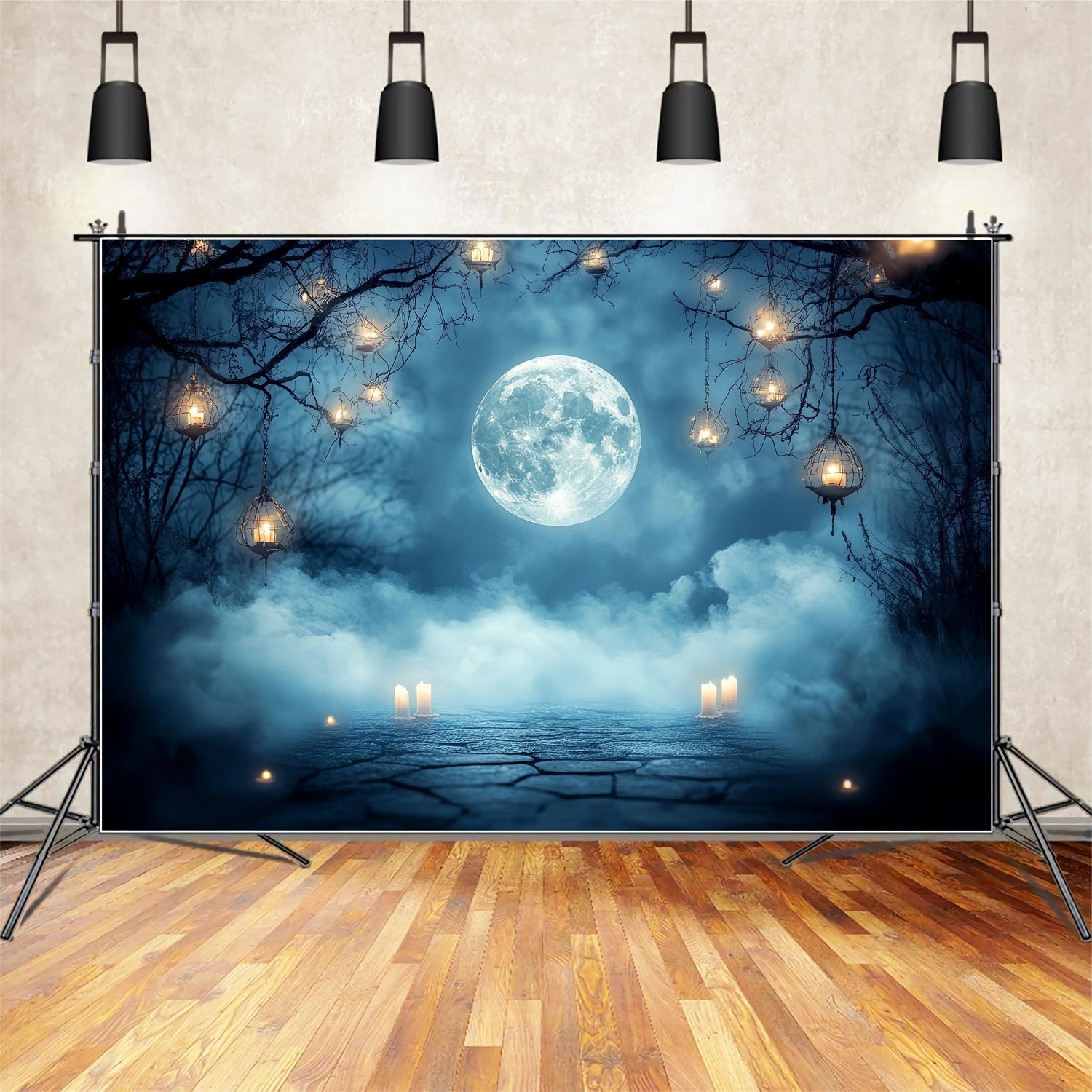 Night Sky Backdrop Full Moon Fog Lantern Candles Halloween Backdrops UK CSH58-87