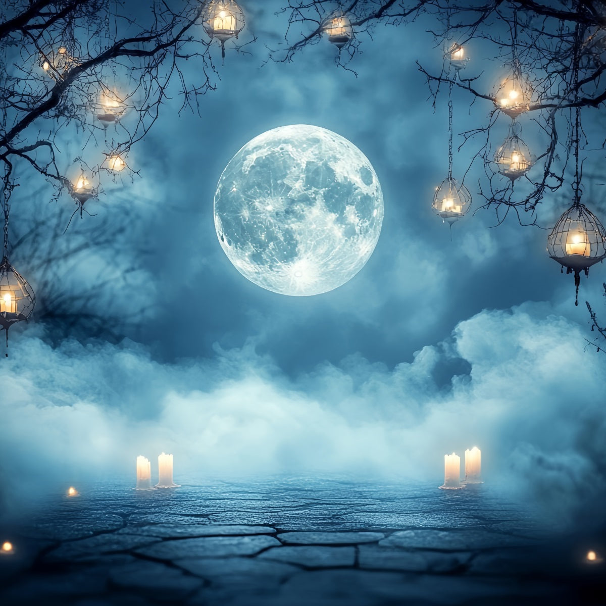 Night Sky Backdrop Full Moon Fog Lantern Candles Halloween Backdrops UK CSH58-87