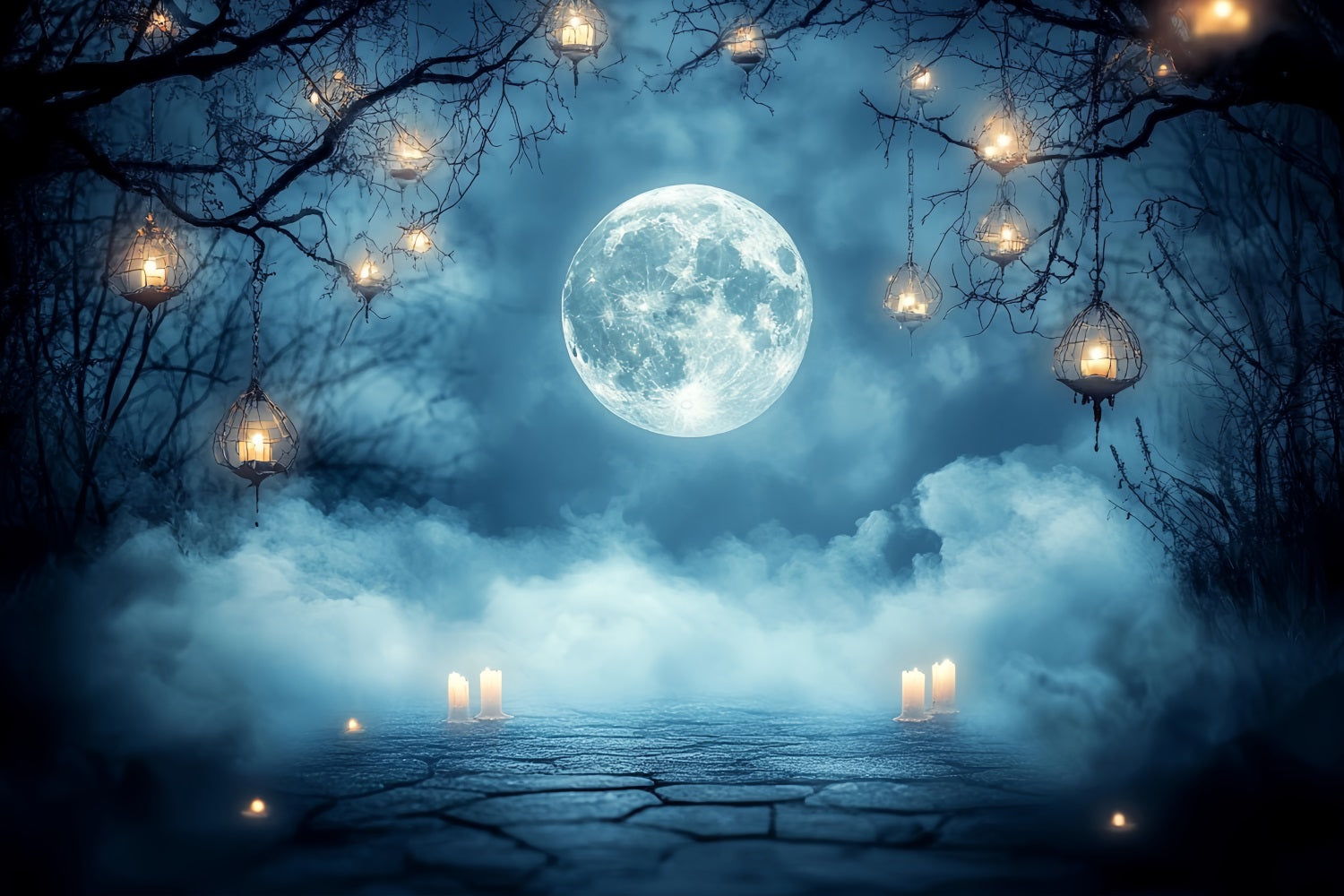 Night Sky Backdrop Full Moon Fog Lantern Candles Halloween Backdrops UK CSH58-87