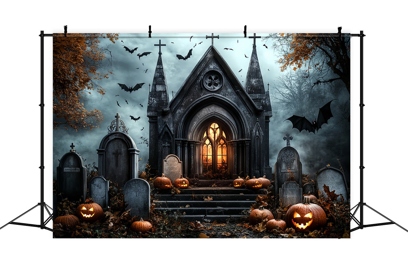 Cemetery Backdrop Gothic Church Pumpkins Bats Gravestones Halloween Backdrops UK CSH58-89