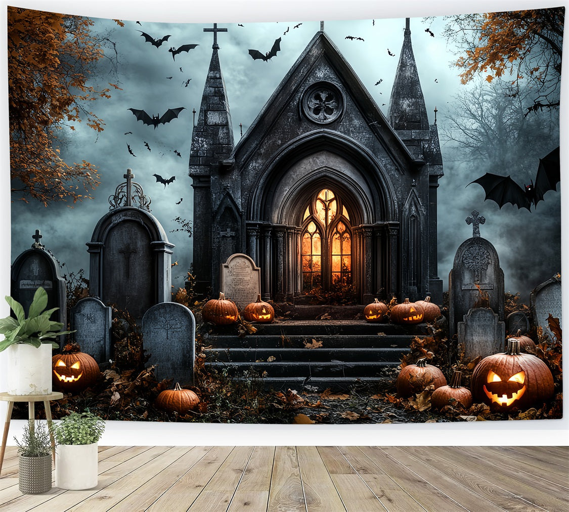 Cemetery Backdrop Gothic Church Pumpkins Bats Gravestones Halloween Backdrops UK CSH58-89
