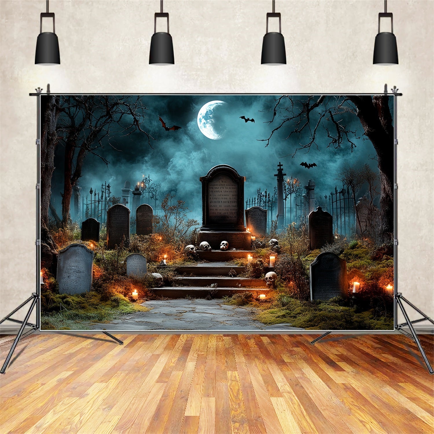 Cemetery Backdrop Spooky Tombstones Bat Night Halloween Backdrop UK CSH58-90