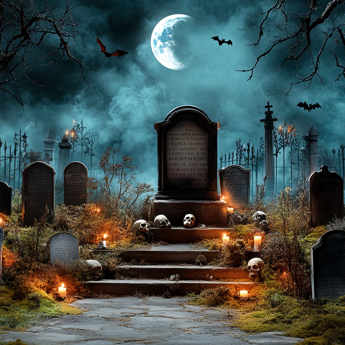 Cemetery Backdrop Spooky Tombstones Bat Night Halloween Backdrop UK CSH58-90