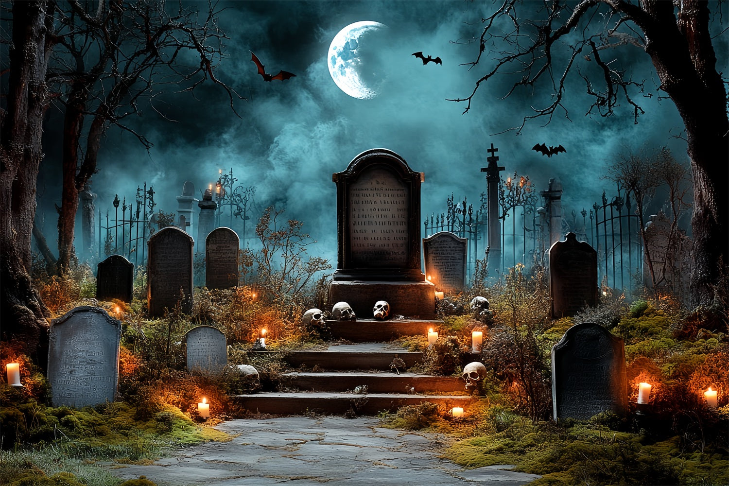Cemetery Backdrop Spooky Tombstones Bat Night Halloween Backdrop UK CSH58-90