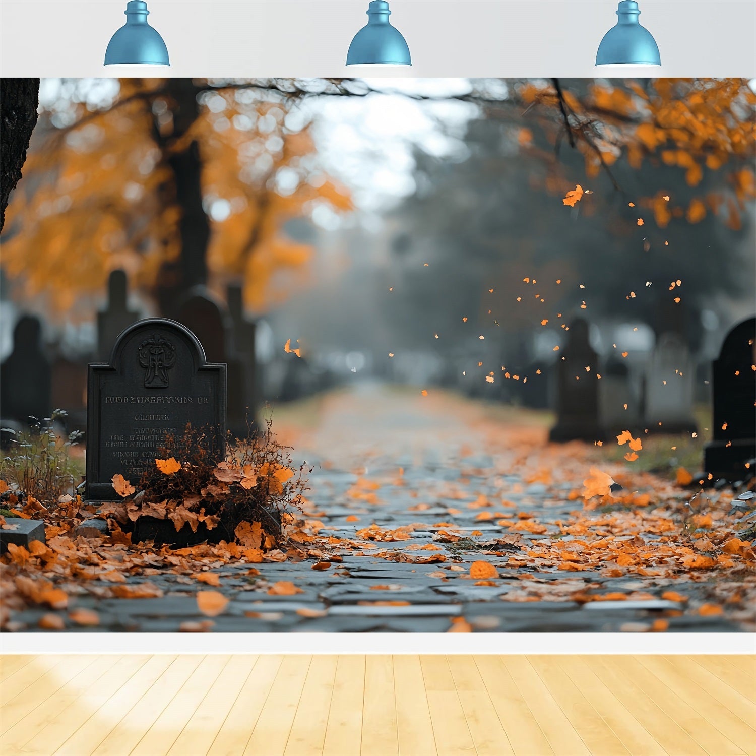 Cemetery Backdrop Autumn Leaves Grave Path Halloween Backdrop UK CSH58-91