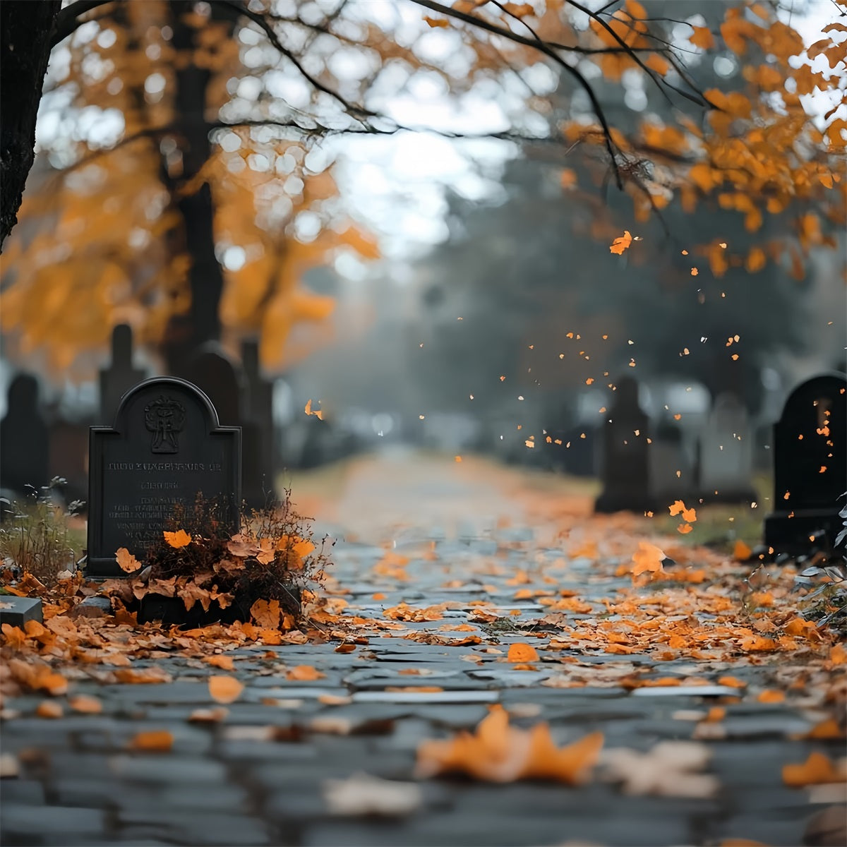 Cemetery Backdrop Autumn Leaves Grave Path Halloween Backdrop UK CSH58-91
