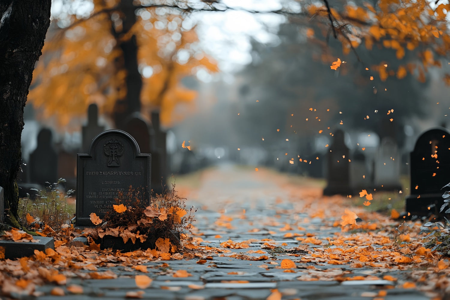 Cemetery Backdrop Autumn Leaves Grave Path Halloween Backdrop UK CSH58-91