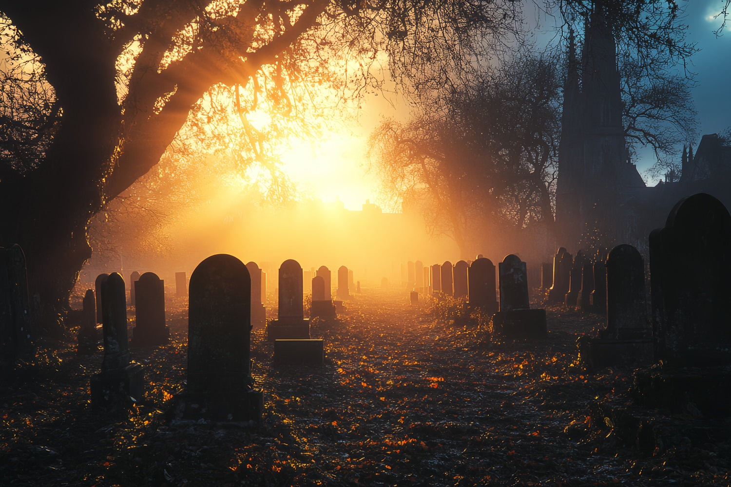 Cemetery Backdrop Cemetery Golden Sunset Mist Halloween Backdrops UK CSH58-92