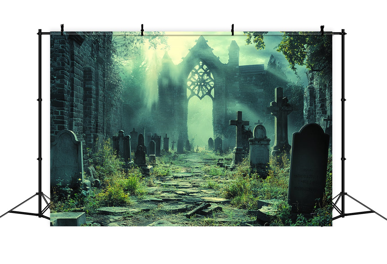 Graveyard Backdrop Ruined Cathedral Graveyard Shadows Halloween Backdrops UK CSH58-95
