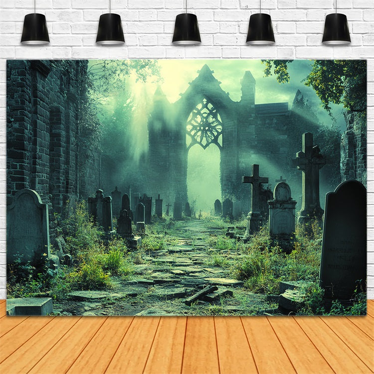 Graveyard Backdrop Ruined Cathedral Graveyard Shadows Halloween Backdrops UK CSH58-95