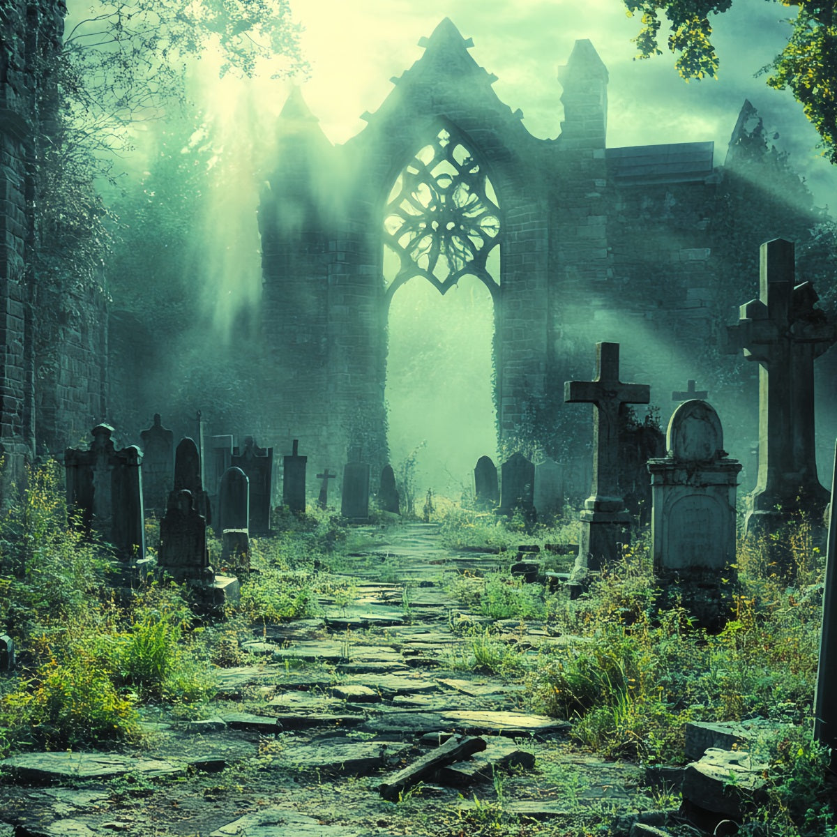 Graveyard Backdrop Ruined Cathedral Graveyard Shadows Halloween Backdrops UK CSH58-95