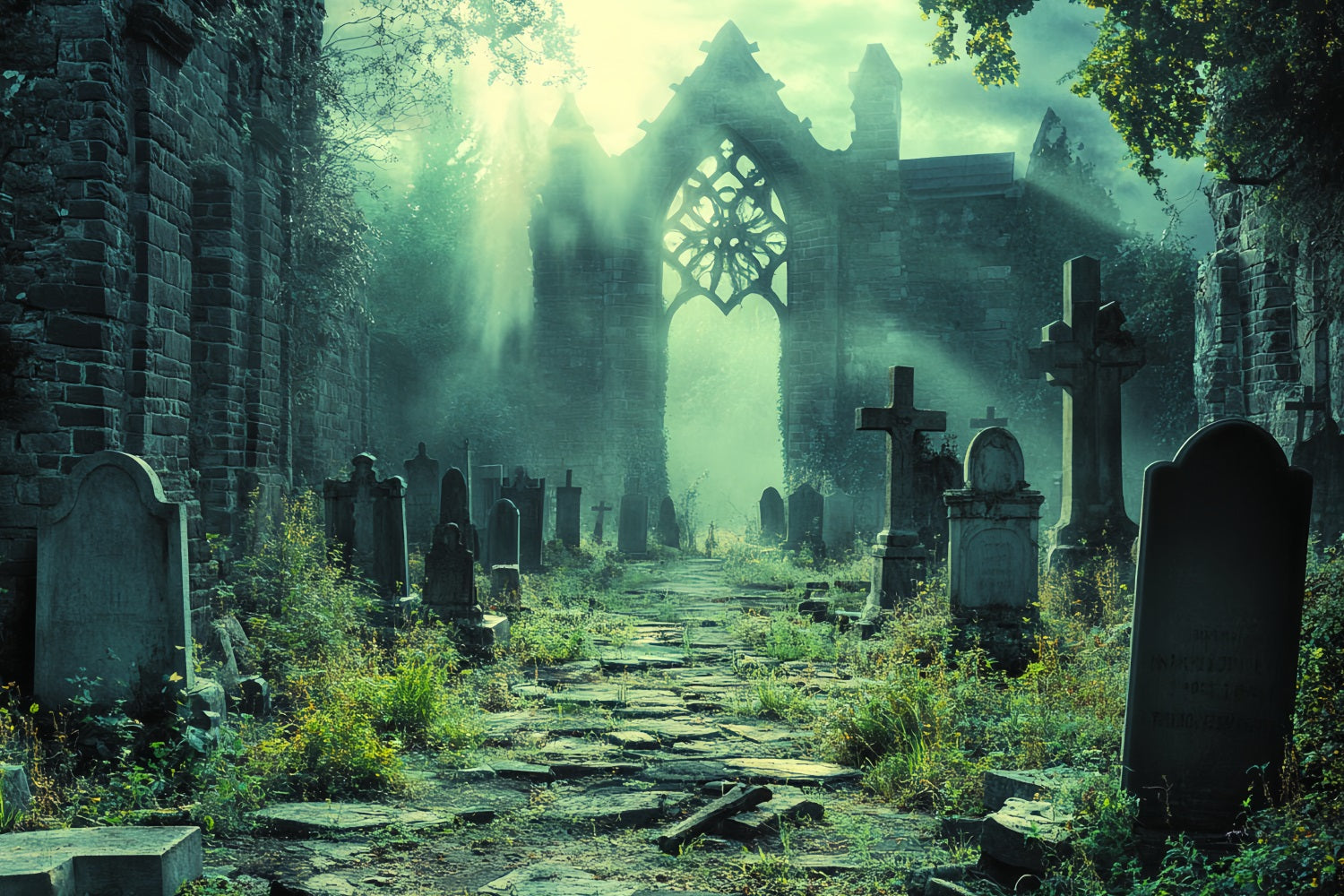 Graveyard Backdrop Ruined Cathedral Graveyard Shadows Halloween Backdrops UK CSH58-95