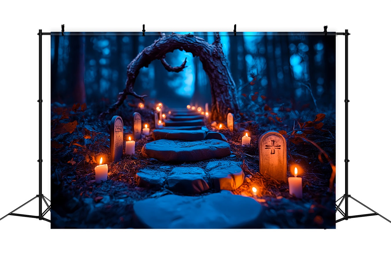 Graveyard Backdrop Candlelit Tombstone Forest Trail Halloween Photo Backdrop UK CSH58-96
