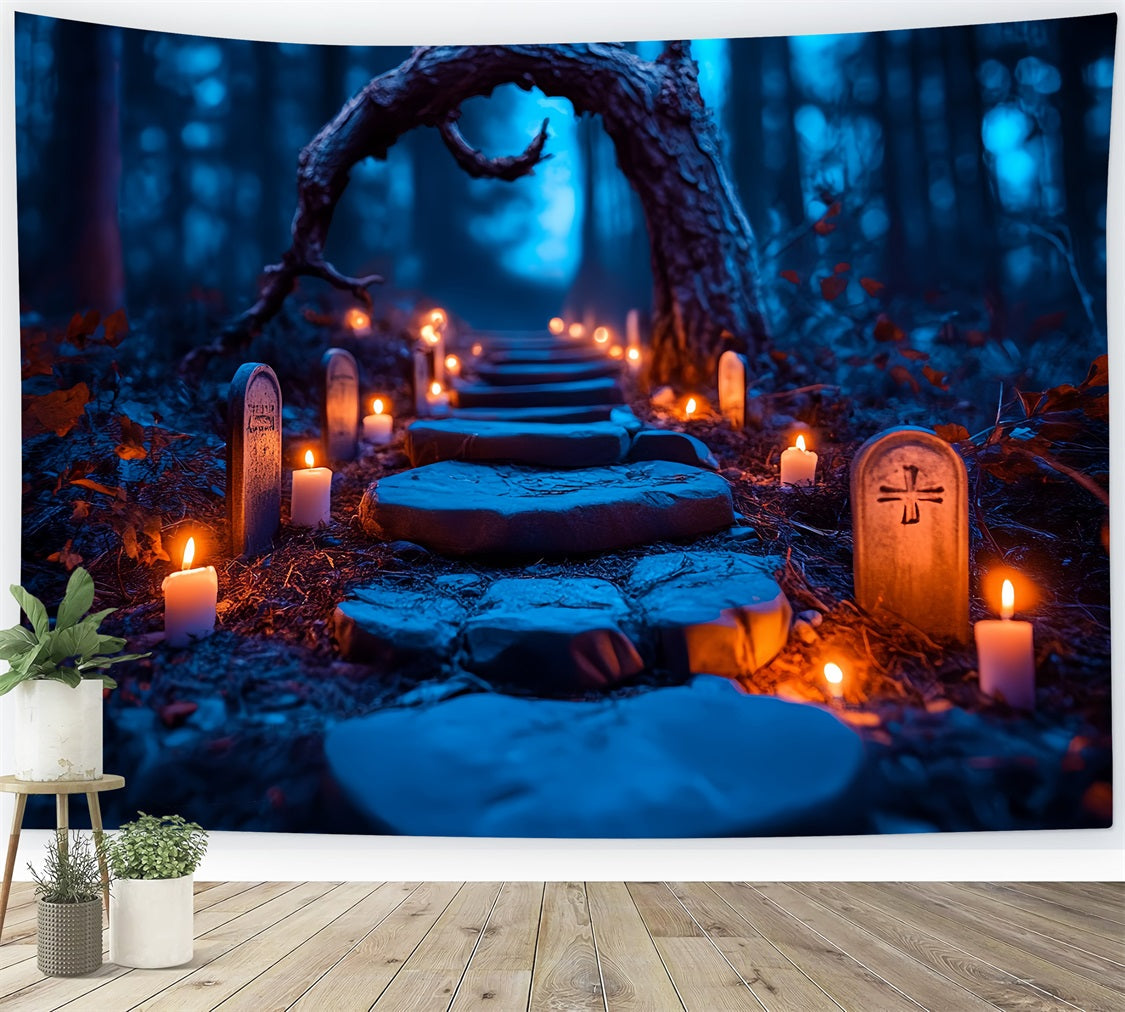 Graveyard Backdrop Candlelit Tombstone Forest Trail Halloween Photo Backdrop UK CSH58-96