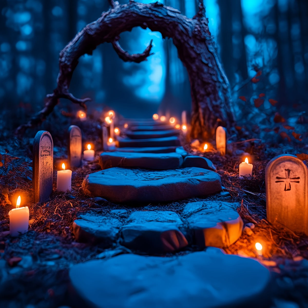 Graveyard Backdrop Candlelit Tombstone Forest Trail Halloween Photo Backdrop UK CSH58-96