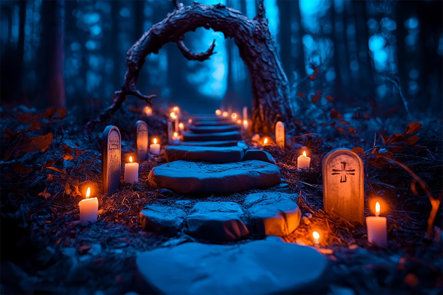Graveyard Backdrop Candlelit Tombstone Forest Trail Halloween Photo Backdrop UK CSH58-96